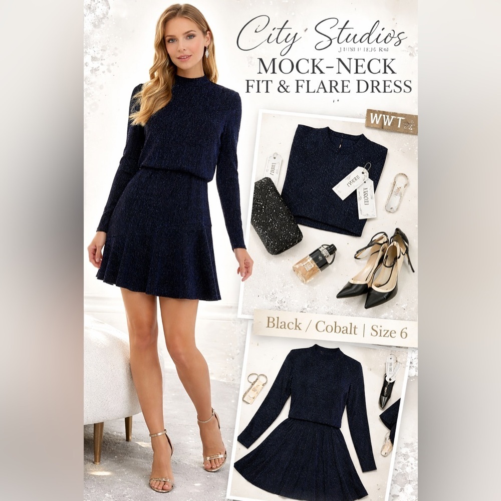 City Studios Black Cobalt Fit & Flare Mini Dress Size Small NWT